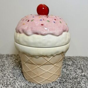 Unmarked Ice Cream Cone Cookie Jar Canister Pink And White Ceramic 9" T Sprinkle